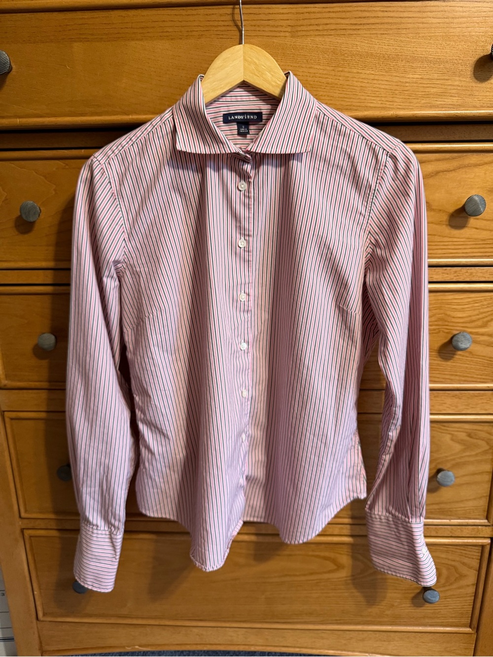 Lands End Womens Size 12 Pink & White Pinstripe Button Down Blouse Preppy Career